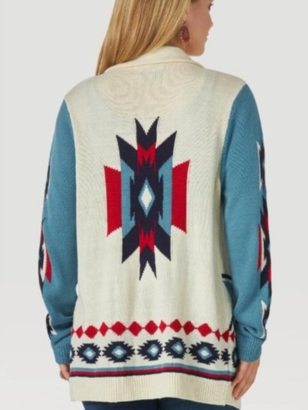 Wrangler Retro Open-Front Aztec Print Cardigan Sweater in Cream Teal Size Large - Picture 6 of 8